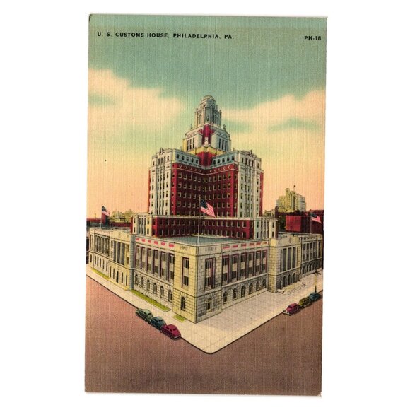 U S Customs House Philadelphia Postcard Vintage Linen Art Deco Architecture - Picture 1 of 2